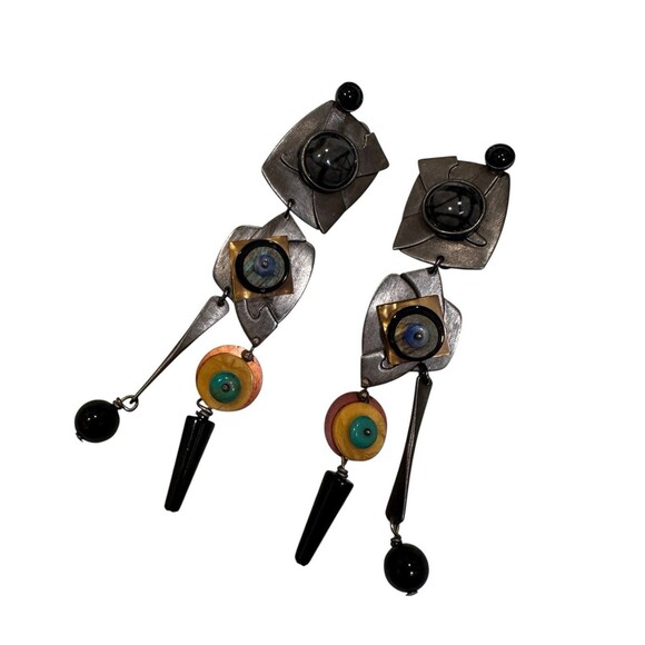 Vintage Modernist Artisan Gale Rothstein Multi Semi Precious Stone Clip Earrings - Picture 8 of 8